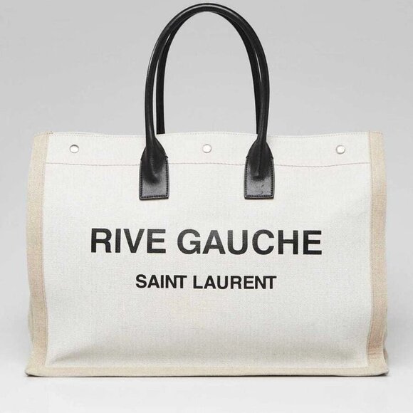 Yves Saint Laurent Natural Linen And Leather Rive Gauche Tote Bag - Picture 1 of 9